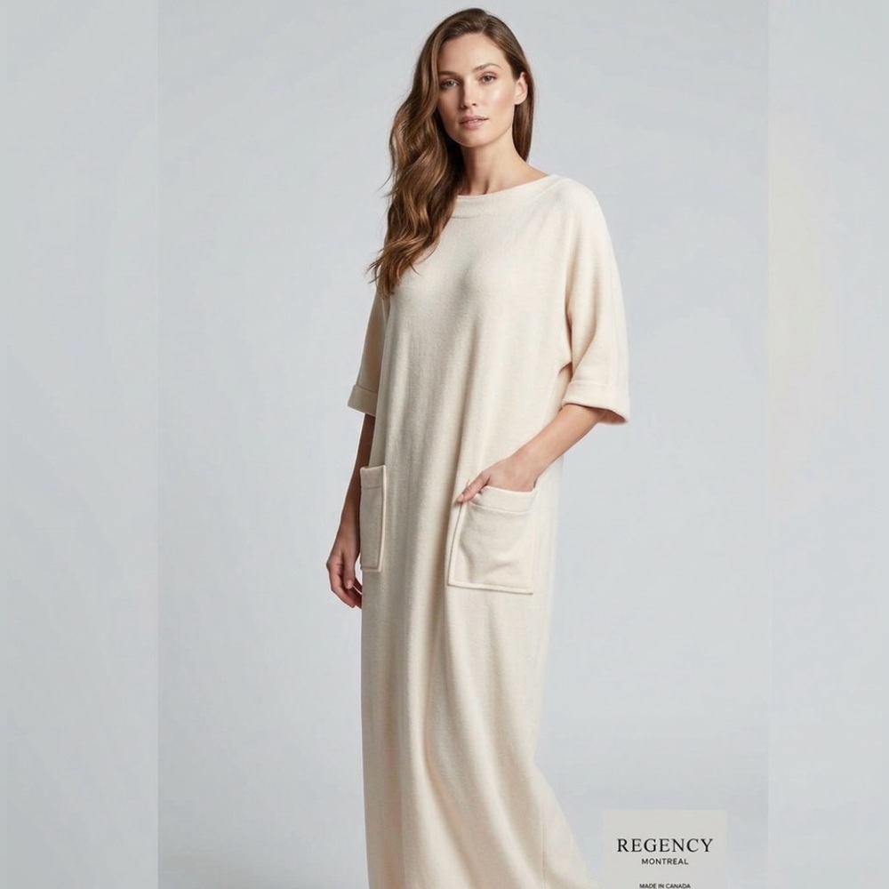 Vintage Regency Cream Knit Maxi Lounge Robe Dress Made in Canada Sz M Loungewear